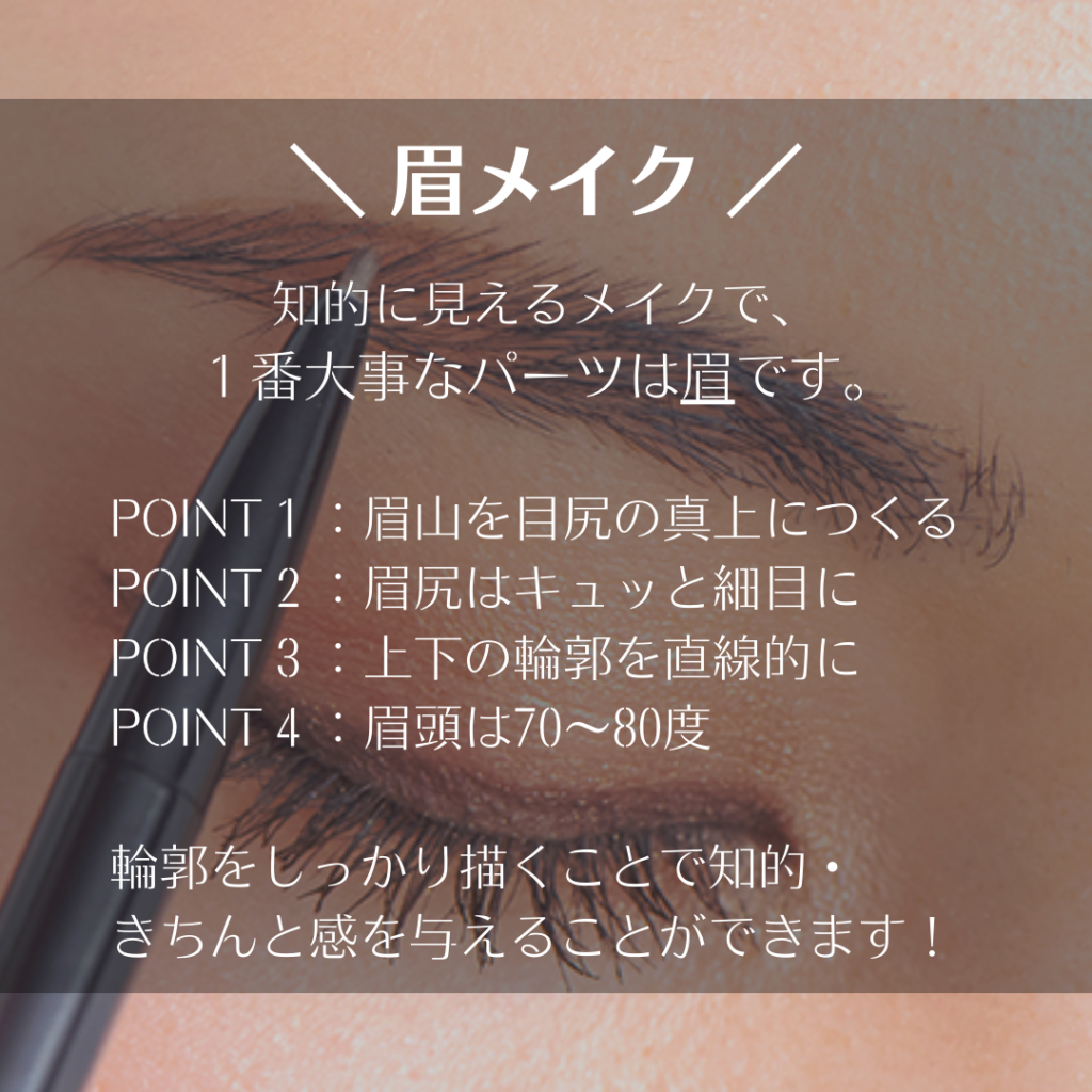 知的に見えるメイクで、
1番大事なパーツは眉です。
POINT 1
：眉山を目尻の真上につくる
POINT 2：眉尻はキュッと細目に
POINT 3：上下の輪郭を直線的に
POINT 4
：眉頭は70～80度
輪郭をしっかり描くことで知的・きちんと感を与えることができます！